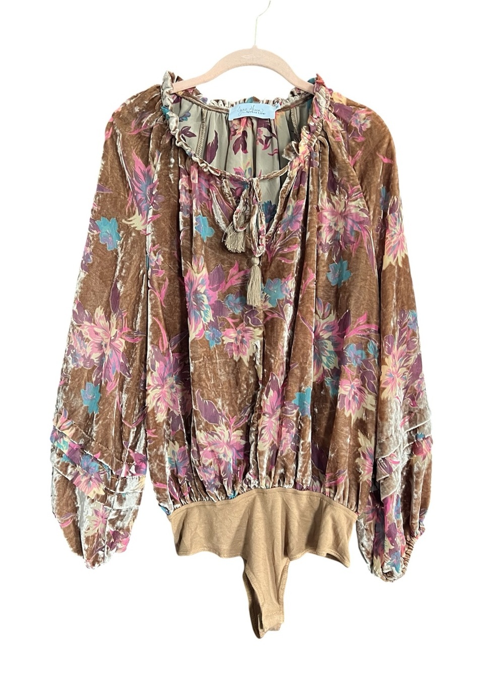 APRICOT Jena Green Velvet Sheer Floral Burnout Bodysuit size Medium - Picture 2 of 11
